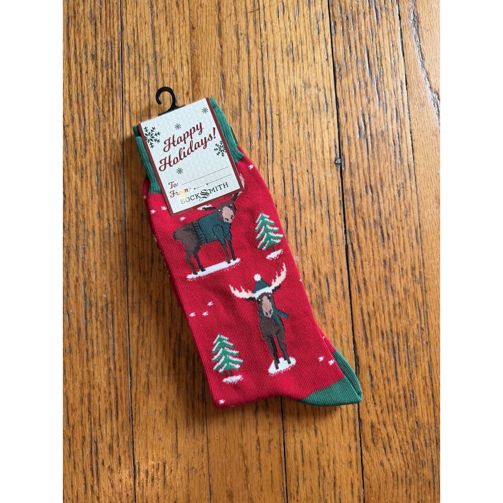 Socksmith Socks Mens 10-13 Red Christmoose Christmas Moose Graphic Crew 6 Pairs